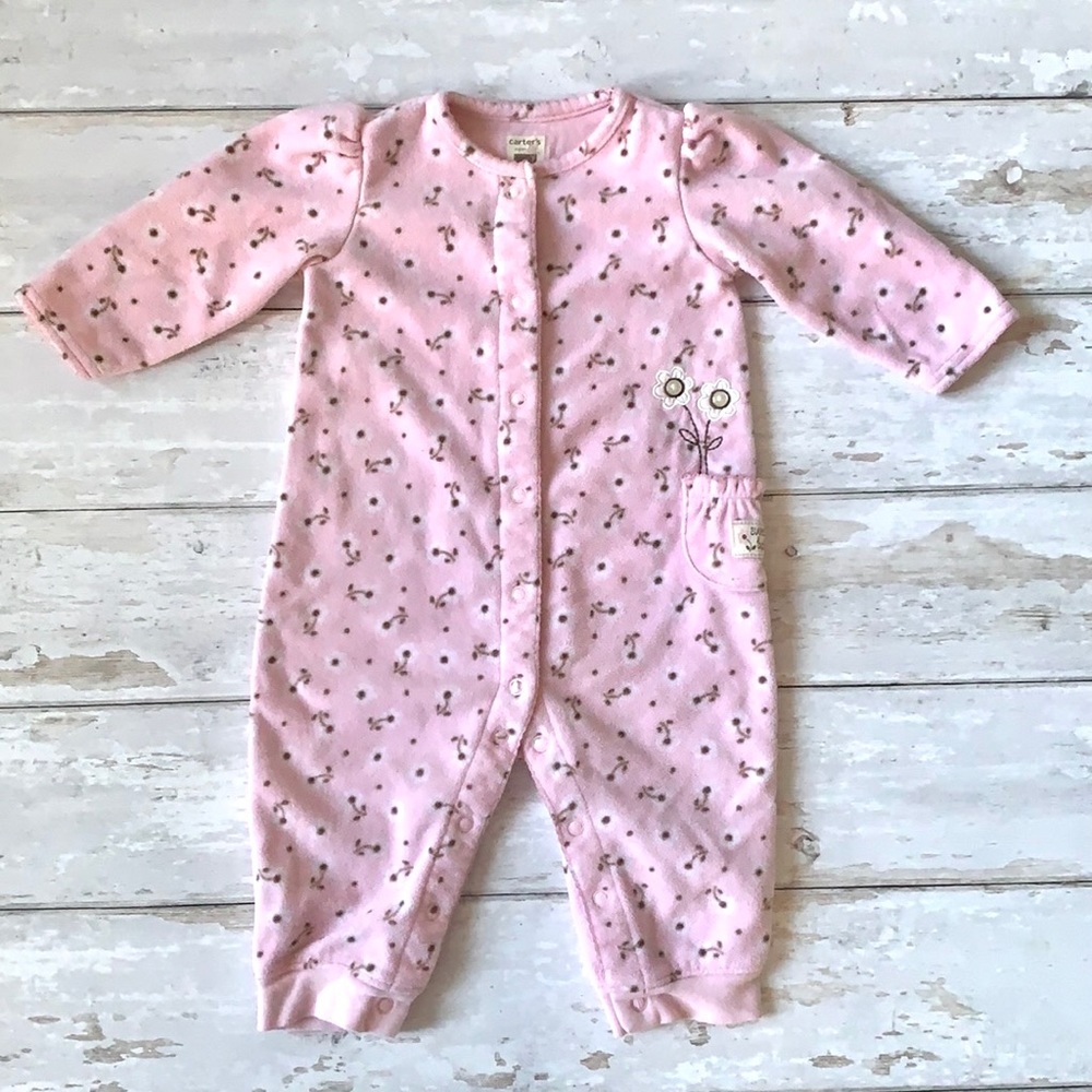 Carters 9m Fleece Romper Pink Floral Baby Girl Footie Sleeper Pajamas One Piece